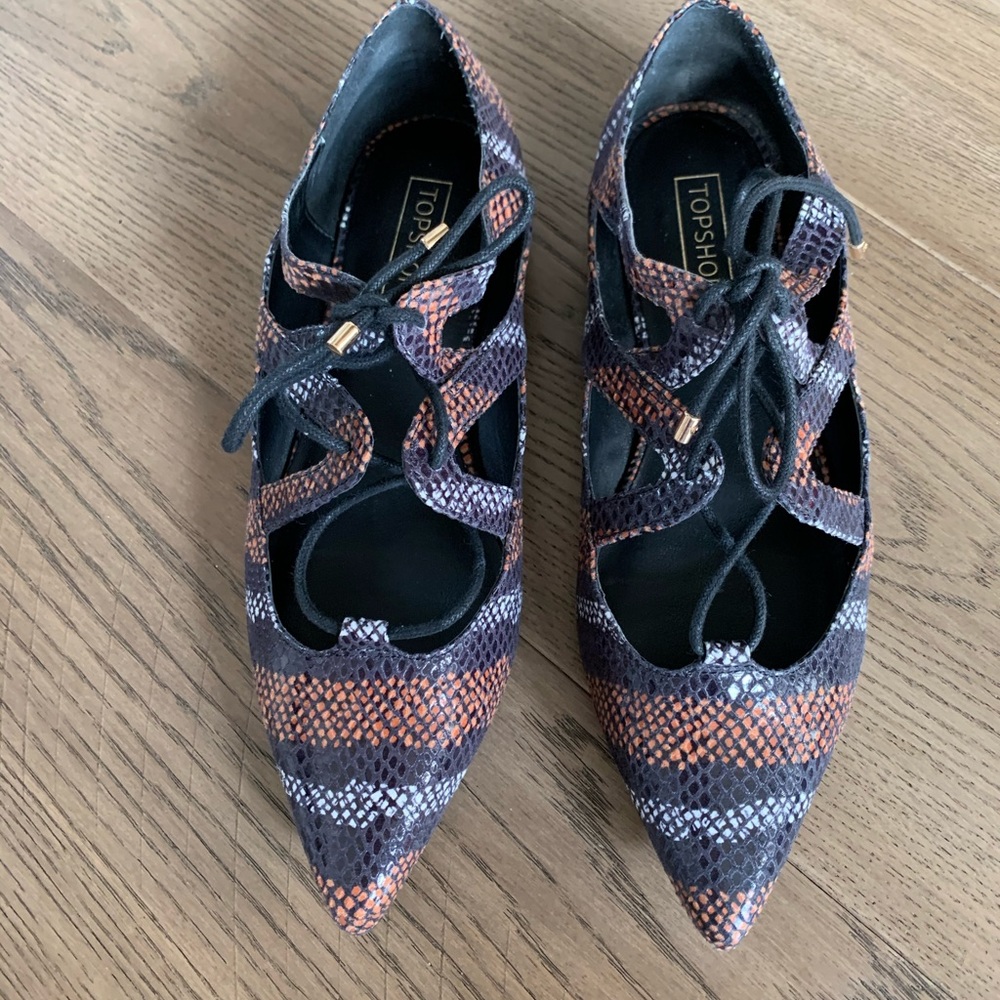 TOPSHOP reptile lace up flats